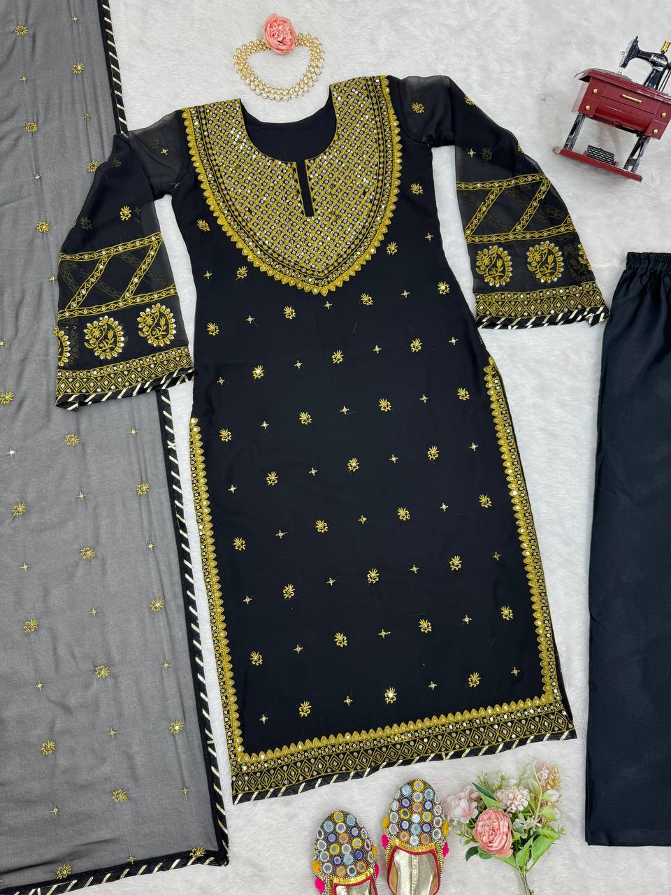 Black Elegant Embroidered Georgette Suit Set ClothsVilla