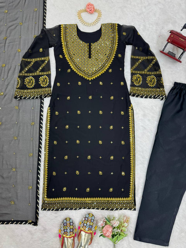 Black Elegant Embroidered Georgette Suit Set ClothsVilla
