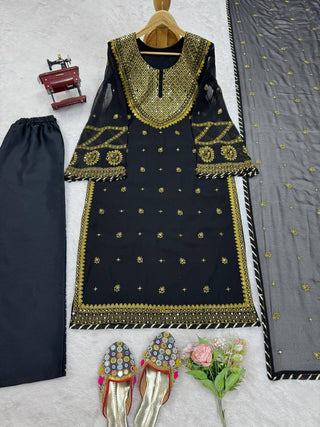 Black Elegant Embroidered Georgette Suit Set ClothsVilla