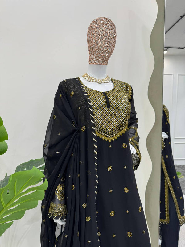 Black Elegant Embroidered Georgette Suit Set ClothsVilla