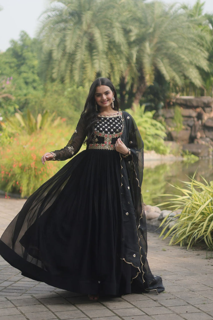 Black Elegant Faux Blooming Gown with Embroidered Sequins Work and Russian Silk Dupatta ClothsVilla