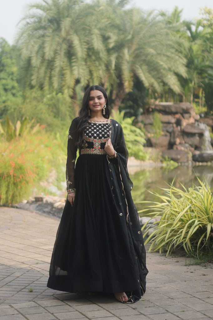 Black Elegant Faux Blooming Gown with Embroidered Sequins Work and Russian Silk Dupatta ClothsVilla