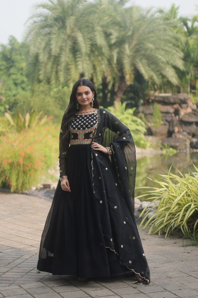 Black Elegant Faux Blooming Gown with Embroidered Sequins Work and Russian Silk Dupatta ClothsVilla