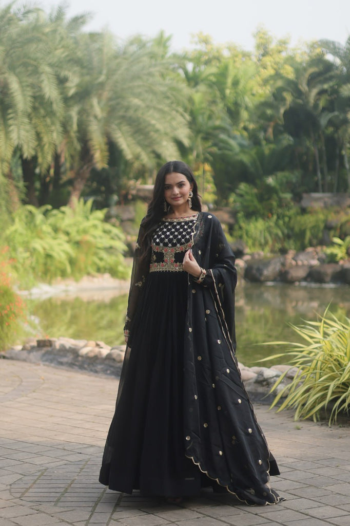 Black Elegant Faux Blooming Gown with Embroidered Sequins Work and Russian Silk Dupatta ClothsVilla