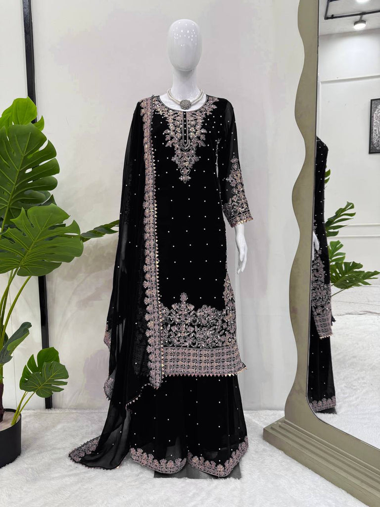 Black Elegant Faux Georgette Coding & Sequence Work Palazzo Set with Rivet Moti Detailing and Dupatta ClothsVilla