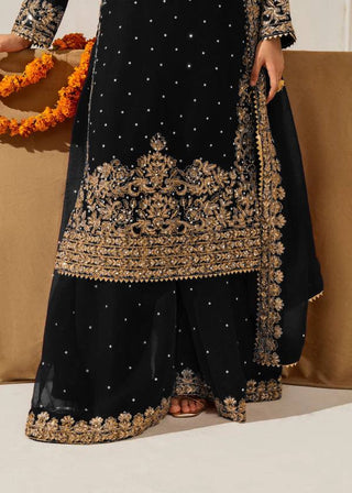 Black Elegant Faux Georgette Coding & Sequence Work Palazzo Set with Rivet Moti Detailing and Dupatta ClothsVilla