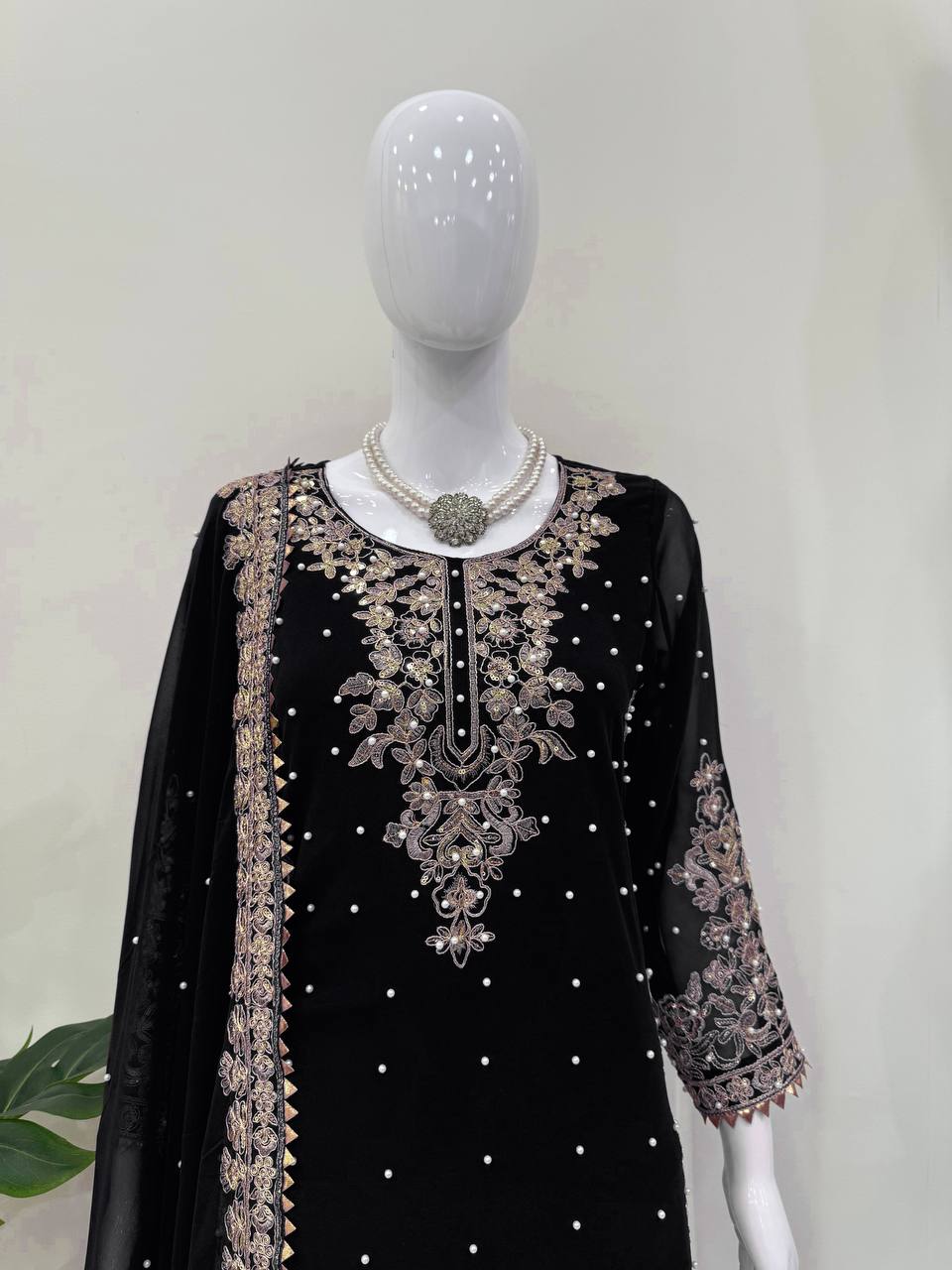 Black Elegant Faux Georgette Coding & Sequence Work Palazzo Set with Rivet Moti Detailing and Dupatta ClothsVilla