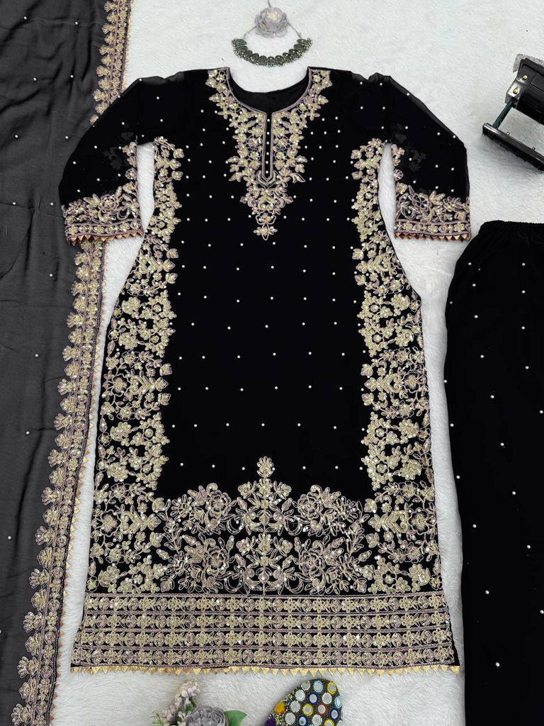 Black Elegant Faux Georgette Coding & Sequence Work Palazzo Set with Rivet Moti Detailing and Dupatta ClothsVilla