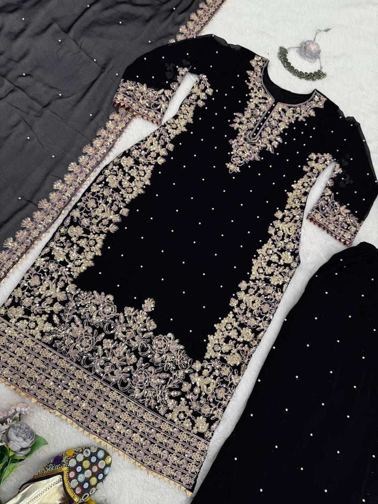 Black Elegant Faux Georgette Coding & Sequence Work Palazzo Set with Rivet Moti Detailing and Dupatta ClothsVilla