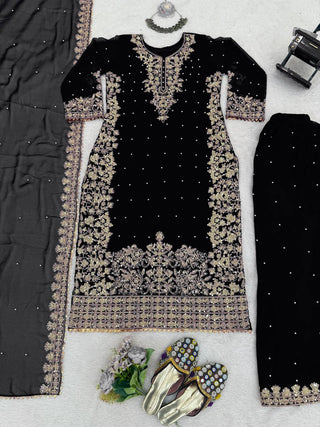 Black Elegant Faux Georgette Coding & Sequence Work Palazzo Set with Rivet Moti Detailing and Dupatta ClothsVilla