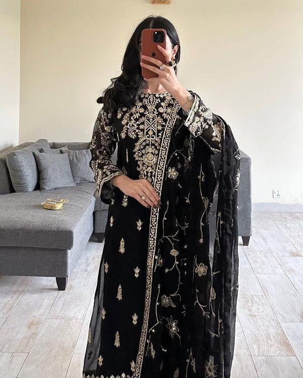 Black Elegant Faux Georgette Embroidered 3-Piece Suit Set with Lace Border Dupatta ClothsVilla