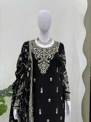 Black Elegant Faux Georgette Embroidered 3-Piece Suit Set with Lace Border Dupatta ClothsVilla