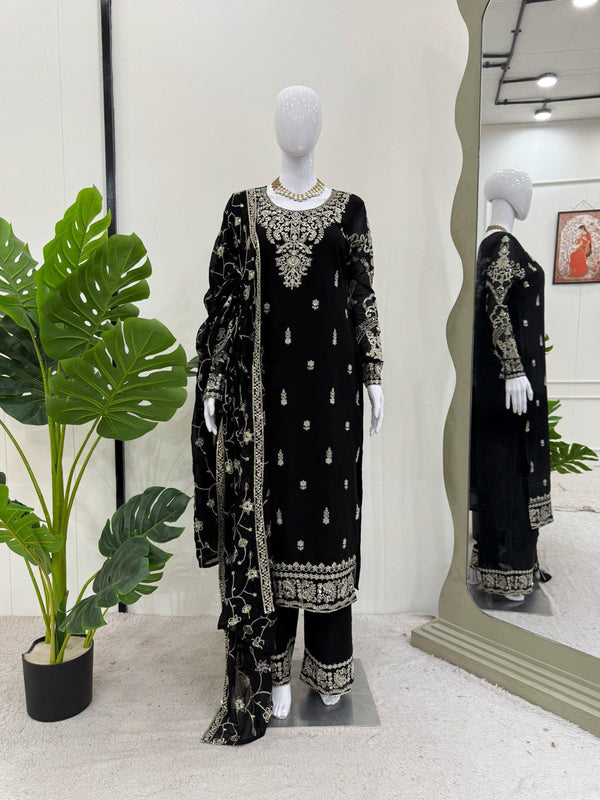 Black Elegant Faux Georgette Embroidered 3-Piece Suit Set with Lace Border Dupatta ClothsVilla
