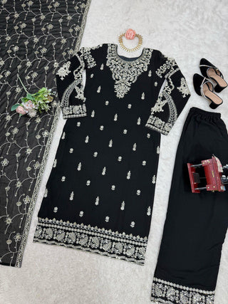 Black Elegant Faux Georgette Embroidered 3-Piece Suit Set with Lace Border Dupatta ClothsVilla