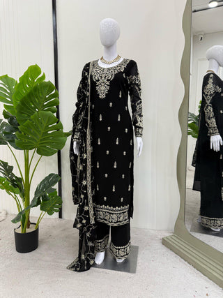 Black Elegant Faux Georgette Embroidered 3-Piece Suit Set with Lace Border Dupatta ClothsVilla