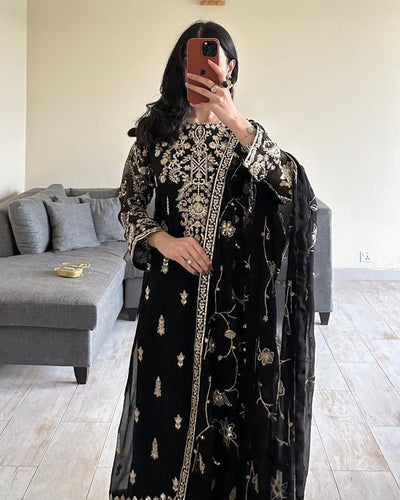 Black Elegant Faux Georgette Embroidered 3-Piece Suit Set with Lace Border Dupatta ClothsVilla