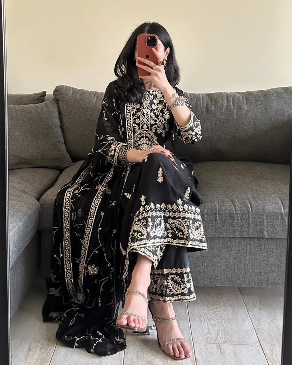 Black Elegant Faux Georgette Embroidered 3-Piece Suit Set with Lace Border Dupatta ClothsVilla