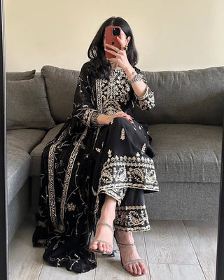 Black Elegant Faux Georgette Embroidered 3-Piece Suit Set with Lace Border Dupatta ClothsVilla