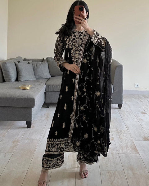 Black Elegant Faux Georgette Embroidered 3-Piece Suit Set with Lace Border Dupatta ClothsVilla Main image