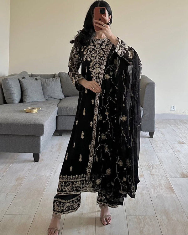 Black Elegant Faux Georgette Embroidered 3-Piece Suit Set with Lace Border Dupatta ClothsVilla