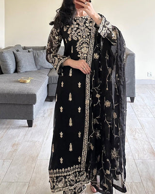 Black Elegant Faux Georgette Embroidered 3-Piece Suit Set with Lace Border Dupatta ClothsVilla