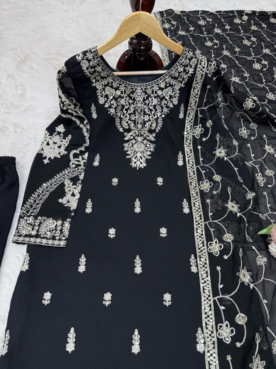 Black Elegant Faux Georgette Embroidered 3-Piece Suit Set with Lace Border Dupatta ClothsVilla