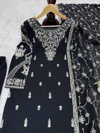 Black Elegant Faux Georgette Embroidered 3-Piece Suit Set with Lace Border Dupatta ClothsVilla