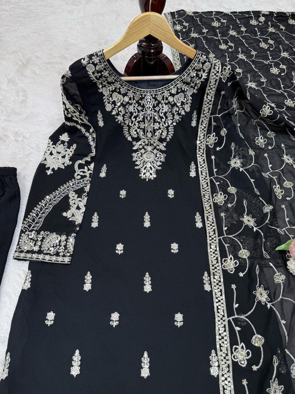 Black Elegant Faux Georgette Embroidered 3-Piece Suit Set with Lace Border Dupatta ClothsVilla