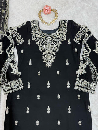 Black Elegant Faux Georgette Embroidered 3-Piece Suit Set with Lace Border Dupatta ClothsVilla