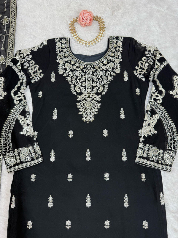 Black Elegant Faux Georgette Embroidered 3-Piece Suit Set with Lace Border Dupatta ClothsVilla