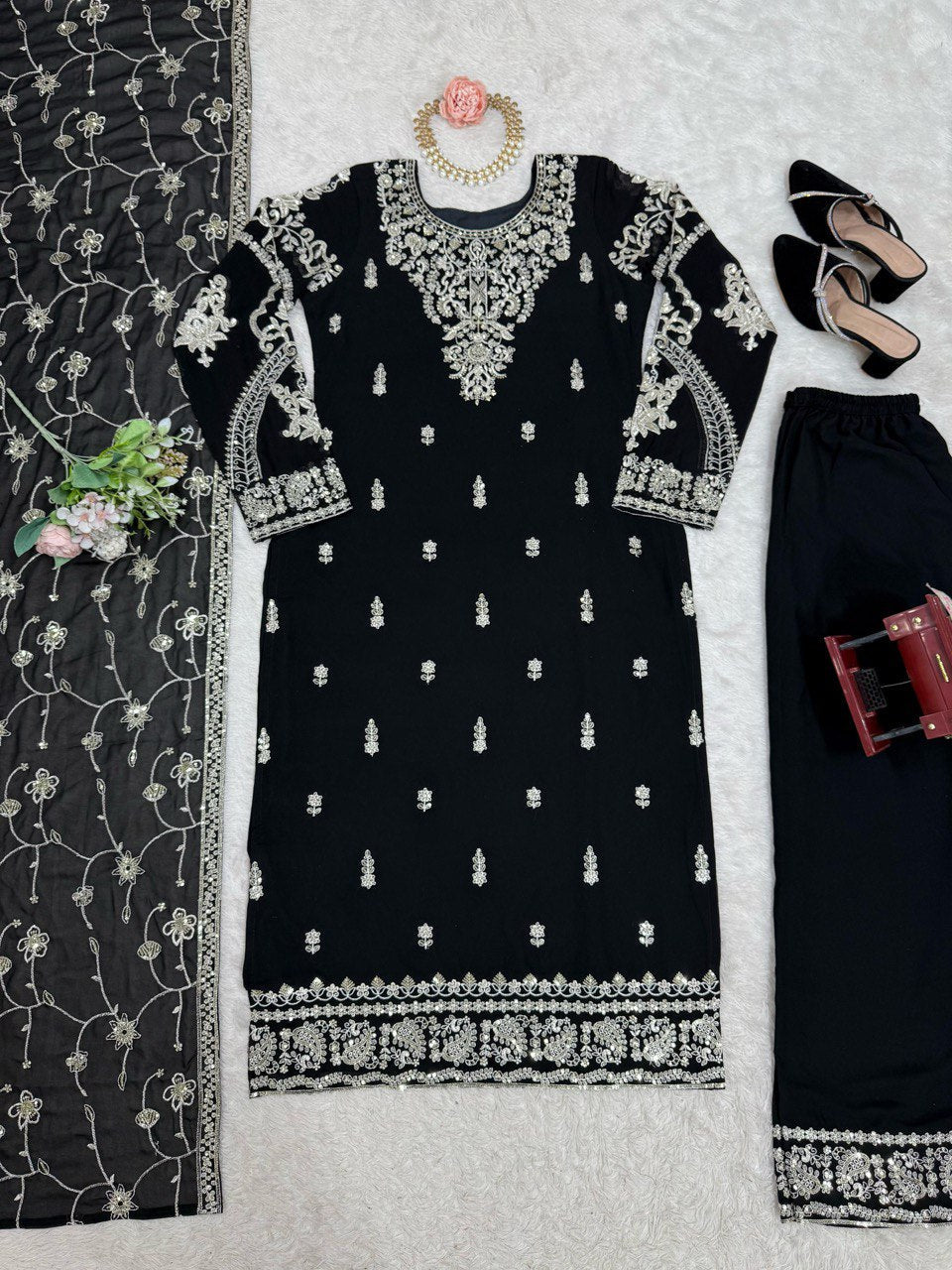 Black Elegant Faux Georgette Embroidered 3-Piece Suit Set with Lace Border Dupatta ClothsVilla