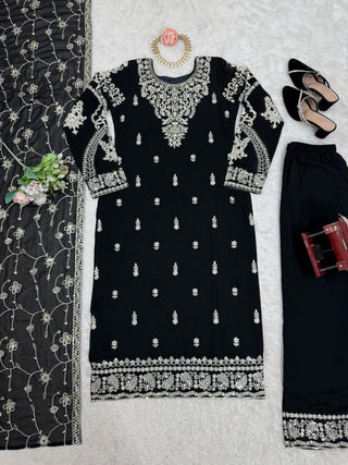 Black Elegant Faux Georgette Embroidered 3-Piece Suit Set with Lace Border Dupatta ClothsVilla