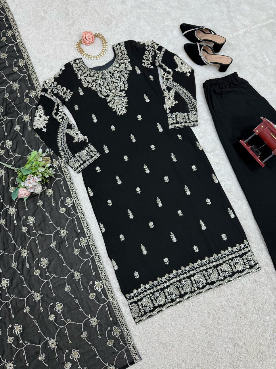 Black Elegant Faux Georgette Embroidered 3-Piece Suit Set with Lace Border Dupatta ClothsVilla