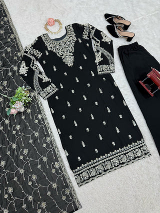 Black Elegant Faux Georgette Embroidered 3-Piece Suit Set with Lace Border Dupatta ClothsVilla