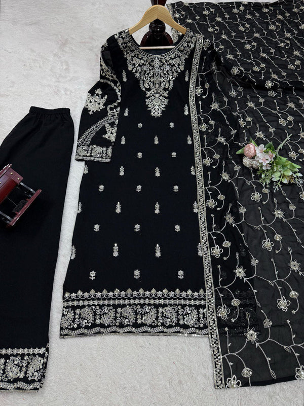 Black Elegant Faux Georgette Embroidered 3-Piece Suit Set with Lace Border Dupatta ClothsVilla