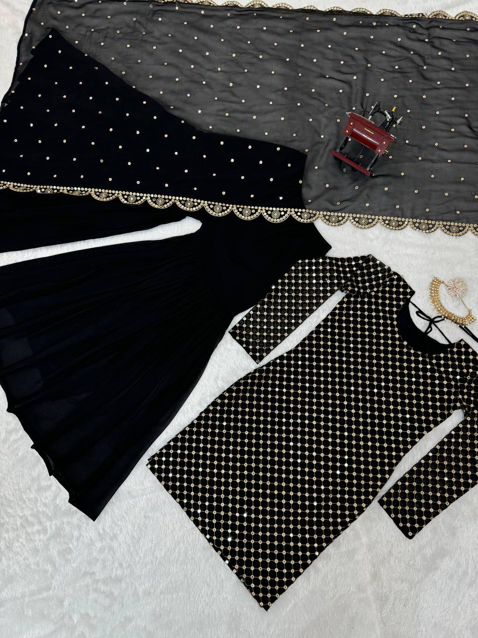 Black Elegant Faux Georgette Embroidered Sharara Set ClothsVilla