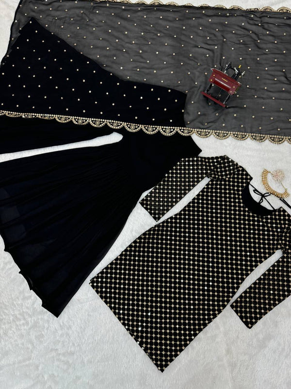 Black Elegant Faux Georgette Embroidered Sharara Set ClothsVilla