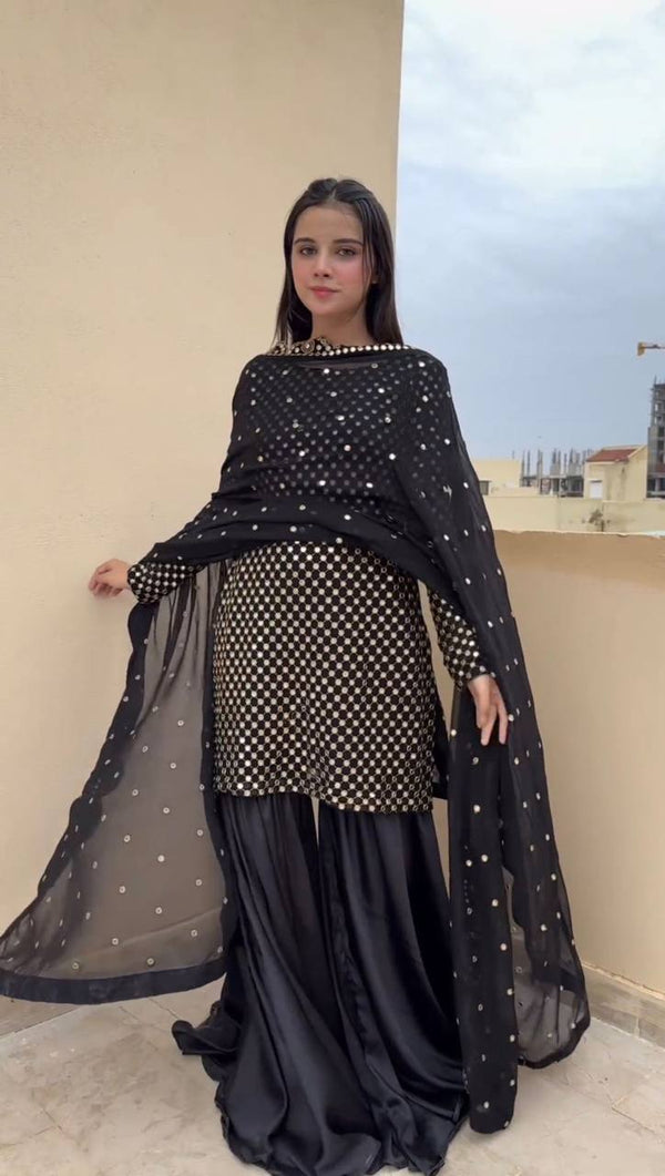 Black Elegant Faux Georgette Embroidered Sharara Set ClothsVilla