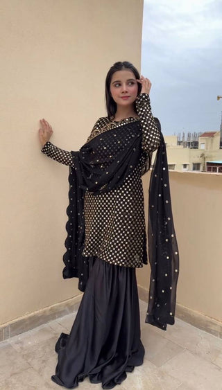 Black Elegant Faux Georgette Embroidered Sharara Set ClothsVilla