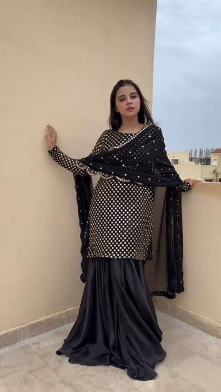 Black Elegant Faux Georgette Embroidered Sharara Set ClothsVilla