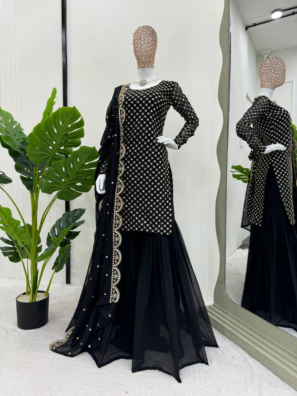 Black Elegant Faux Georgette Embroidered Sharara Set ClothsVilla