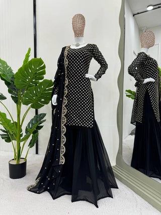 Black Elegant Faux Georgette Embroidered Sharara Set ClothsVilla