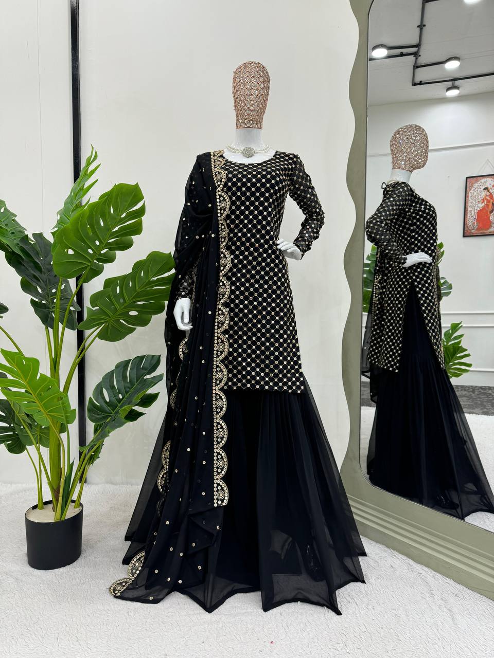 Black Elegant Faux Georgette Embroidered Sharara Set ClothsVilla
