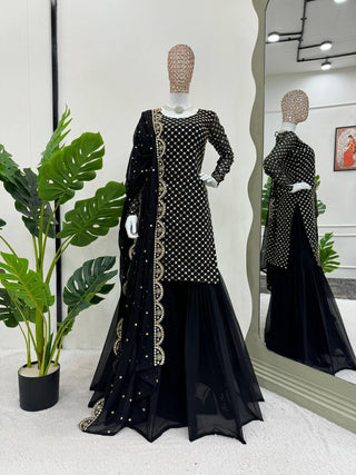 Black Elegant Faux Georgette Embroidered Sharara Set ClothsVilla
