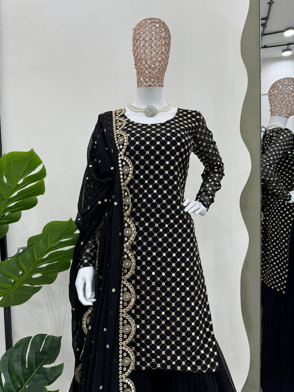 Black Elegant Faux Georgette Embroidered Sharara Set ClothsVilla