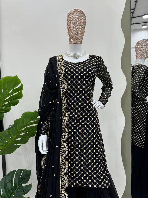 Black Elegant Faux Georgette Embroidered Sharara Set ClothsVilla