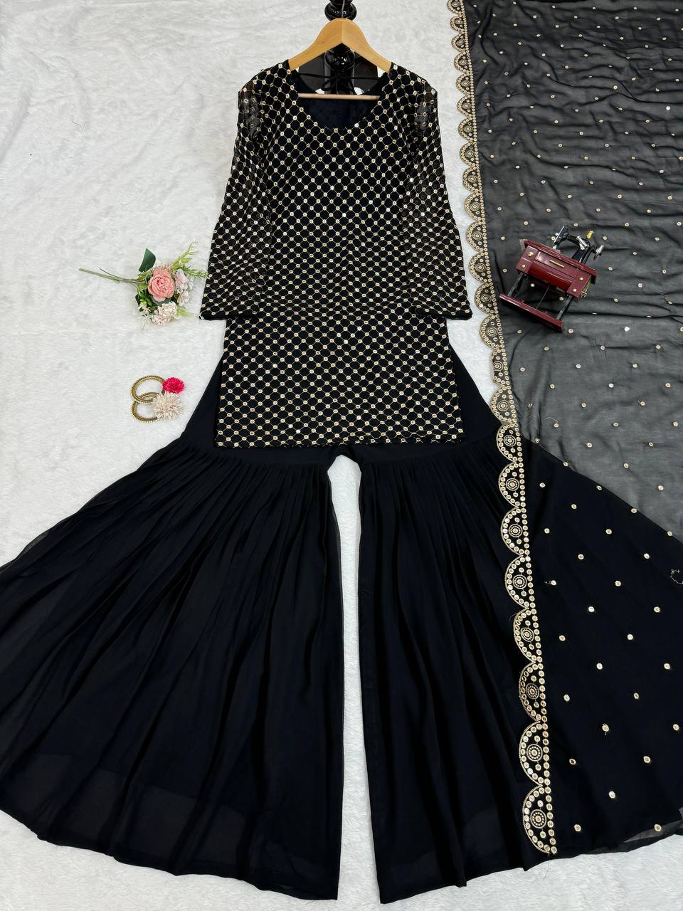 Black Elegant Faux Georgette Embroidered Sharara Set ClothsVilla