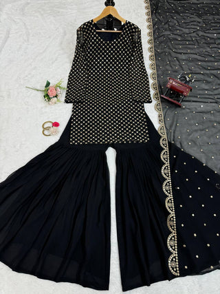 Black Elegant Faux Georgette Embroidered Sharara Set ClothsVilla
