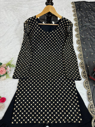 Black Elegant Faux Georgette Embroidered Sharara Set ClothsVilla
