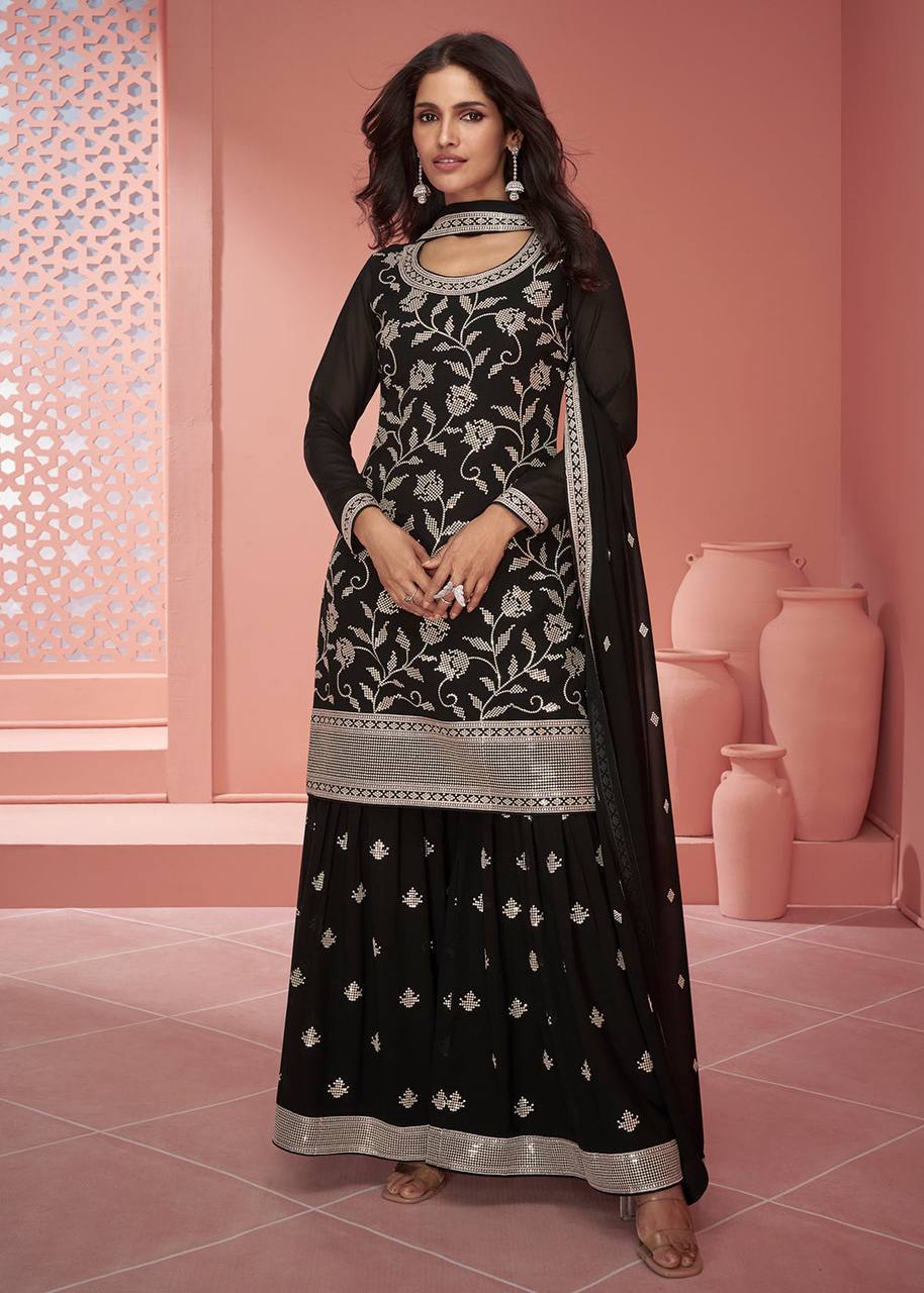 Black Elegant Faux Georgette Embroidered Suit Set with Dupatta ClothsVilla